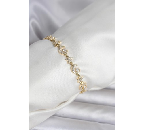 Pirinç Gold Renk Zirkon Taşlı Ay ve Yıldız Model Kadın Bileklik