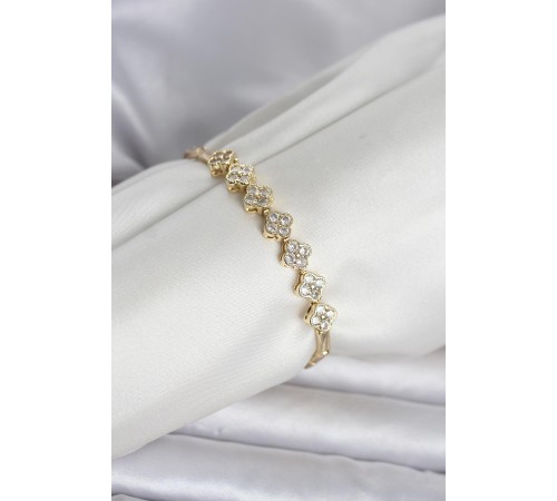 Pirinç Gold Renk Yonca Model Zirkon Taşlı Kadın Bileklik