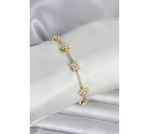 Pirinç Gold Renk Yıldız Model Zirkon Taşlı Kadın Bileklik