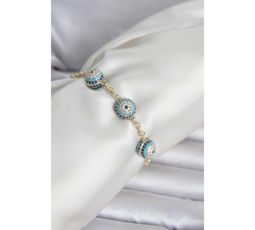 Pirinç Gold Renk Nazarlı Model Zirkon Taşlı Kadın Bileklik