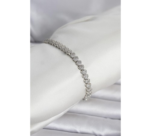 Pirinç Gümüş Renk Kalp Model Sıralı Zirkon Taşlı Kadın Bileklik