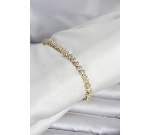 Pirinç Gold Renk Kalp Model Sıralı Zirkon Taşlı Kadın Bileklik