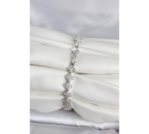 Pirinç Gümüş Renk Yonca Model Sıralı Zirkon Taşlı Kadın Bileklik