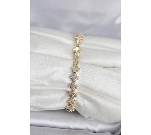 Pirinç Gold Renk Yonca Model Sıralı Zirkon Taşlı Kadın Bileklik