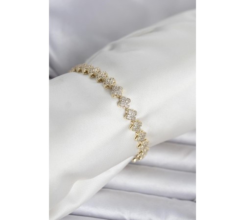 Pirinç Gold Renk Yonca Model Sıralı Zirkon Taşlı Kadın Bileklik