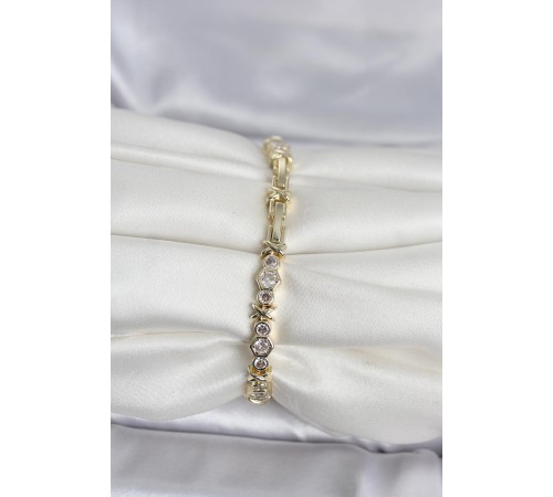 Pirinç Gold Renk Petek Model Zirkon Taşlı Kadın Bileklik