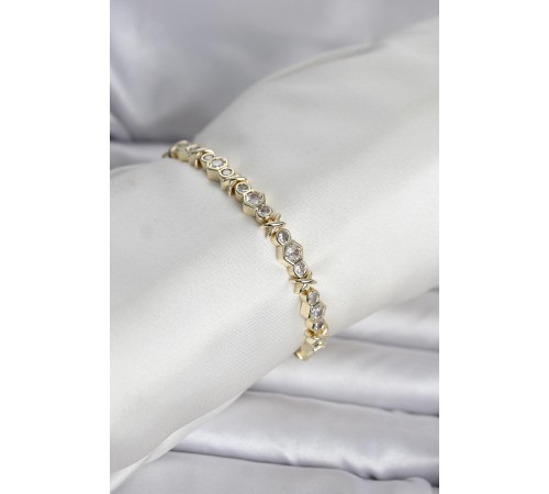 Pirinç Gold Renk Petek Model Zirkon Taşlı Kadın Bileklik