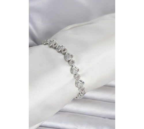 Pirinç Gümüş Renk Zirkon Taşlı Kalp Model Kadın Bileklik