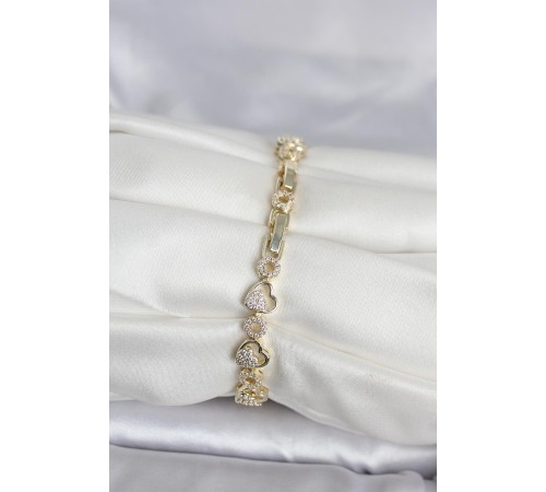 Pirinç Gold Renk Zirkon Taşlı Kalp Model Kadın Bileklik