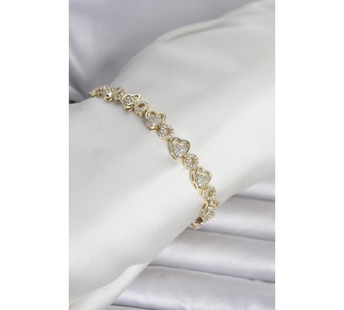 Pirinç Gold Renk Zirkon Taşlı Kalp Model Kadın Bileklik