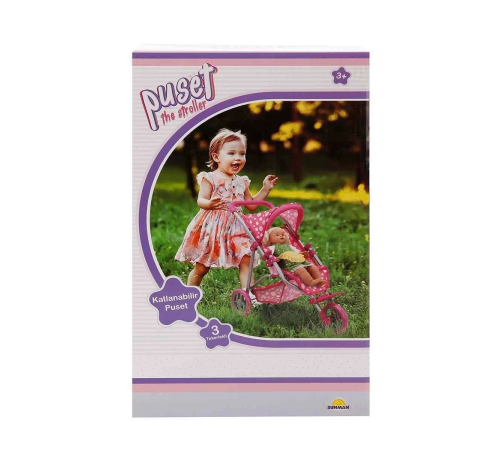 0663 Puantiye Desenli, 3 Tekerlekli ve Tenteli Oyuncak Puset - Sunman