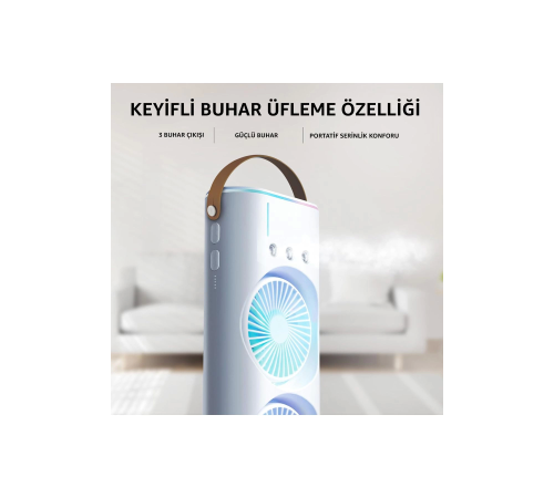 2 Fanlı Vantilatör Buharlı Fan -Şarjlı, Kompakt,Ayarlanabilir Kumandalı Buharlı Nemlendirici