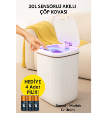 20L Sensörlü Akıllı Antibakteriyel Çöp Kovası Otomatik Kapaklı, Banyo Mutfak 4 Pil Yanında