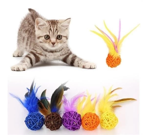 2li Rattan Renkli Peluş Tüy Kedi Köpek Oyuncak Yakalama Çiğneme Çıngıraklı Top Oyuncağı
