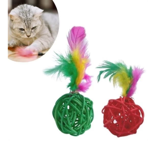 2li Rattan Renkli Peluş Tüy Kedi Köpek Oyuncak Yakalama Çiğneme Çıngıraklı Top Oyuncağı