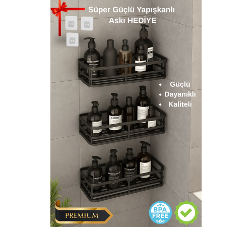 3 lü Banyo Düzenleyici Organizer Şampuanlık Havlupan Askısı Havluluk Siyah Banyo Duş Mutfak Rafı