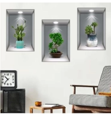 3D Çiçek Vazo Duvar Sticker 3 lü Set GRİ Fon