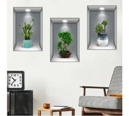3D Çiçek Vazo Duvar Sticker 3 lü Set GRİ Fon 3D Çiçek Vazo Duvar Sticker 3 lü Set GRİ Fon