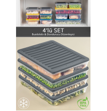 4'lü Buzdolabı Organizer Mikrodalga Ve Difrize Uygun Saklama Kabı Antrasit 4 X 2400 ml