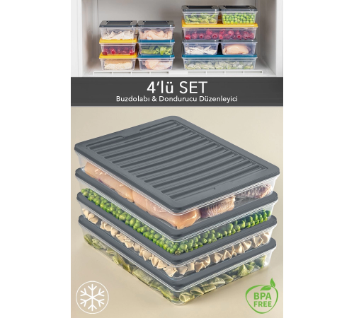 4'lü Buzdolabı Organizer Mikrodalga Ve Difrize Uygun Saklama Kabı Antrasit 4 X 2400 ml
