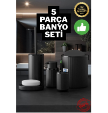 5 Parça Siyah Çizgili Yuvarlak 5'li Eco Banyo Seti Çöp Kovası Tuvalet Fırçası Sabunluk Diş Fırçalık