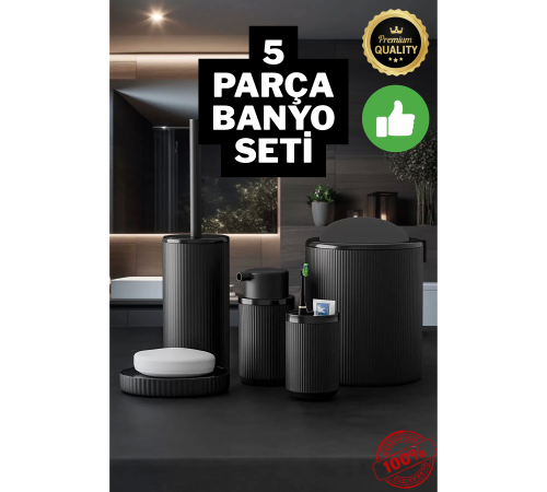 5 Parça Siyah Çizgili Yuvarlak 5'li Eco Banyo Seti Çöp Kovası Tuvalet Fırçası Sabunluk Diş Fırçalık