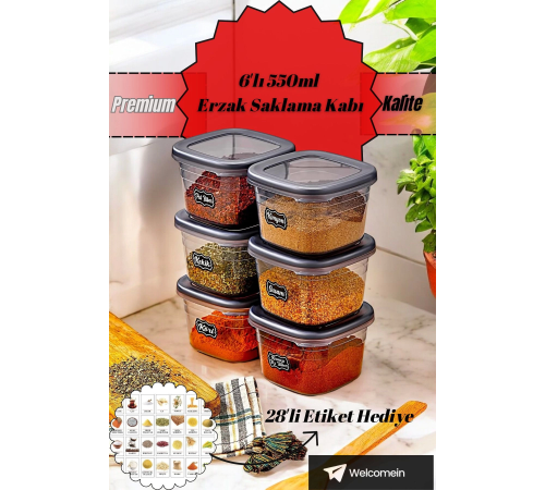 6 Adet Square Antrasit Etiketli Baharatlık Takımı - 550 ml - 6'lı Kare 0.55 Lt Etiket Hediyeli