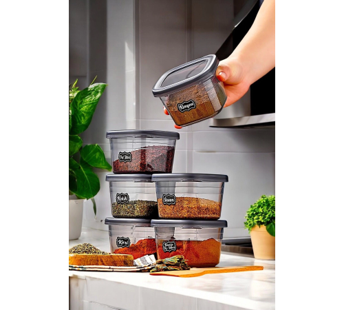 6 Adet Square Antrasit Etiketli Baharatlık Takımı - 550 ml - 6'lı Kare 0.55 Lt Etiket Hediyeli