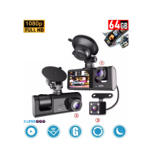 64GB Araç İçi Kamera 3 Kameralı (Yol + Araç İçi+ Arka) FHD Video Kayıt Mikrofonlu Türkçe CC-33