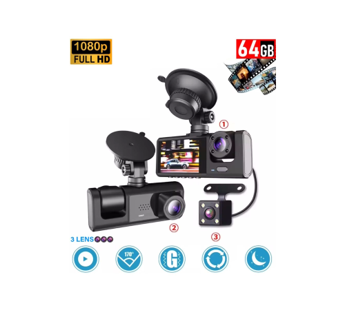 64GB Araç İçi Kamera 3 Kameralı (Yol + Araç İçi+ Arka) FHD Video Kayıt Mikrofonlu Türkçe CC-33 64GB Araç İçi Kamera 3 Kameralı (Yol + Araç İçi+ Arka) FHD Video Kayıt Mikrofonlu Türkçe CC-33