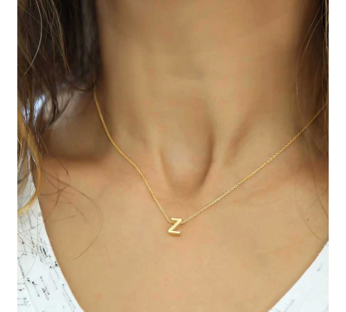 925 Ayar Gümüş 3 Boyutlu Z Harf Gold Kadın Gümüş Kolye (T5934) (336336)