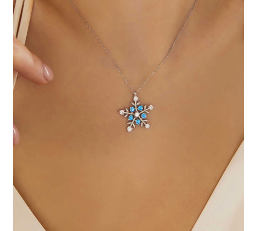 925 Ayar Gümüş Aquamarine Taşlı Kar Tanesi Kadın Kolye (336336)