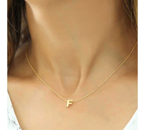 925 Ayar Gümüş Gold 3 Boyutlu F Harf Kadın Gümüş Kolye (T5903) (336336)