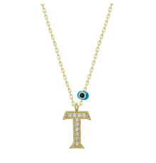 925 Ayar Gümüş Nazar Gold T Harfi Kadın Gümüş Kolye (T6797) (336336)