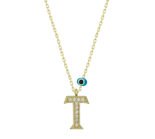 925 Ayar Gümüş Nazar Gold T Harfi Kadın Gümüş Kolye (T6797) (336336)