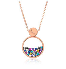 ​925 Ayar Gümüş Rose Mix Taşlı Çiğ Damlası Kadın Gümüş Kolye (T4893) (336336)