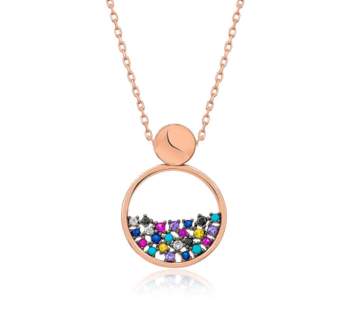 ​925 Ayar Gümüş Rose Mix Taşlı Çiğ Damlası Kadın Gümüş Kolye (T4893) (336336)