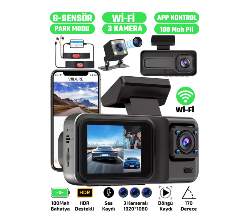 A-98 WiFi Full HD 3 Kameralı Araç İçi Güvenlik Kamerası + Park Modu Kablosu Ön-Arka-İç Kayıt,DashCam A-98 WiFi Full HD 3 Kameralı Araç İçi Güvenlik Kamerası + Park Modu Kablosu Ön-Arka-İç Kayıt,DashCam