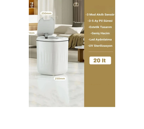 Akıllı Teknolojik Sensörlü Çöp Kovası Işık Antibakteriyel Koku Geçirmez Mutfak Banyo Wc Ofis 20l Uv