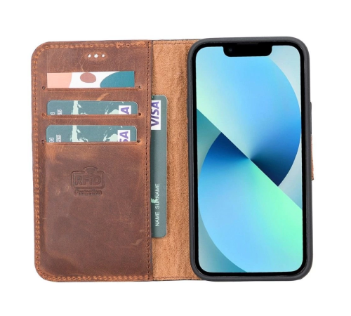 Apple iPhone 12 mini Uyumlu Deri Cüzdanlı Kılıf G2 Antik Kahve