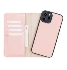 Apple iPhone 12 Pro Max Uyumlu Deri Cüzdanlı Kılıf NU2 Pembe
