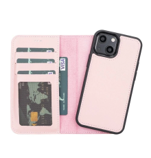 Apple iPhone 13 Mini Uyumlu Deri Cüzdanlı Kılıf NU2 Pembe