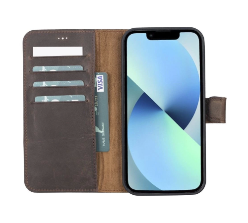 Apple iPhone 13 Pro Max Uyumlu Deri Cüzdanlı Kılıf G6 Kahverengi