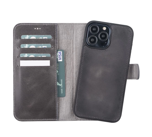 Apple iPhone 13 Pro Max Uyumlu Deri Cüzdanlı Kılıf VS4EF Gri Apple iPhone 13 Pro Max Uyumlu Deri Cüzdanlı Kılıf VS4EF Gri