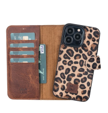 Apple iPhone 13 Pro Uyumlu Deri Cüzdanlı Kılıf Leopar Desen