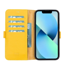 Apple iPhone 13 Pro Uyumlu Deri Cüzdanlı Kılıf Limon Sarı