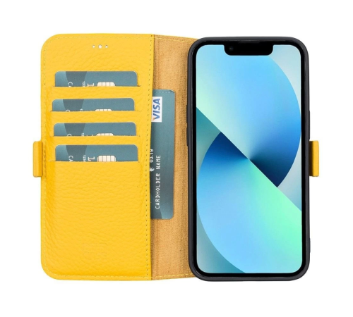 Apple iPhone 13 Uyumlu Deri Cüzdanlı Kılıf Limon Sarı Apple iPhone 13 Uyumlu Deri Cüzdanlı Kılıf Limon Sarı