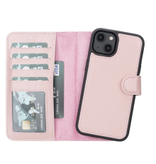 Apple iPhone 14 Uyumlu Deri Cüzdanlı Kılıf MWWN NU2 Pembe