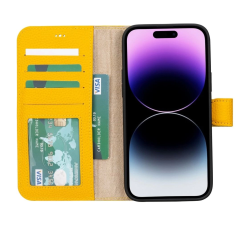Apple iPhone 15 Plus Uyumlu Deri Cüzdanlı Kılıf MWWN FL12 Sarı