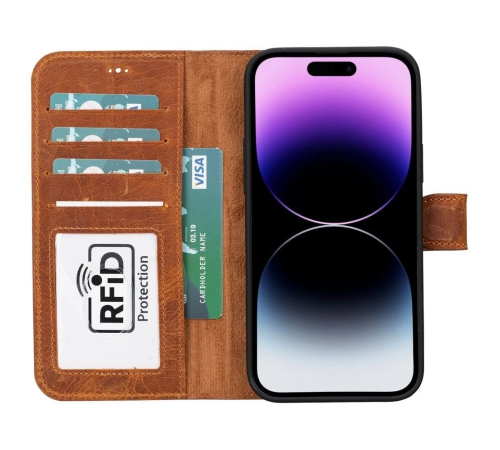 Apple iPhone 15 Plus Uyumlu Deri Cüzdanlı Kılıf MWWN G19 Taba Apple iPhone 15 Plus Uyumlu Deri Cüzdanlı Kılıf MWWN G19 Taba